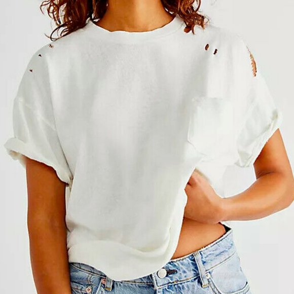 FREE PEOPLE WE THE FREE WHITE SHORT SLEEVE OVERSIZED DISTRESS RUBI TEE - Picture 1 of 10